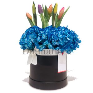 Arreglo de tulipanes de colores con hortensias azules
